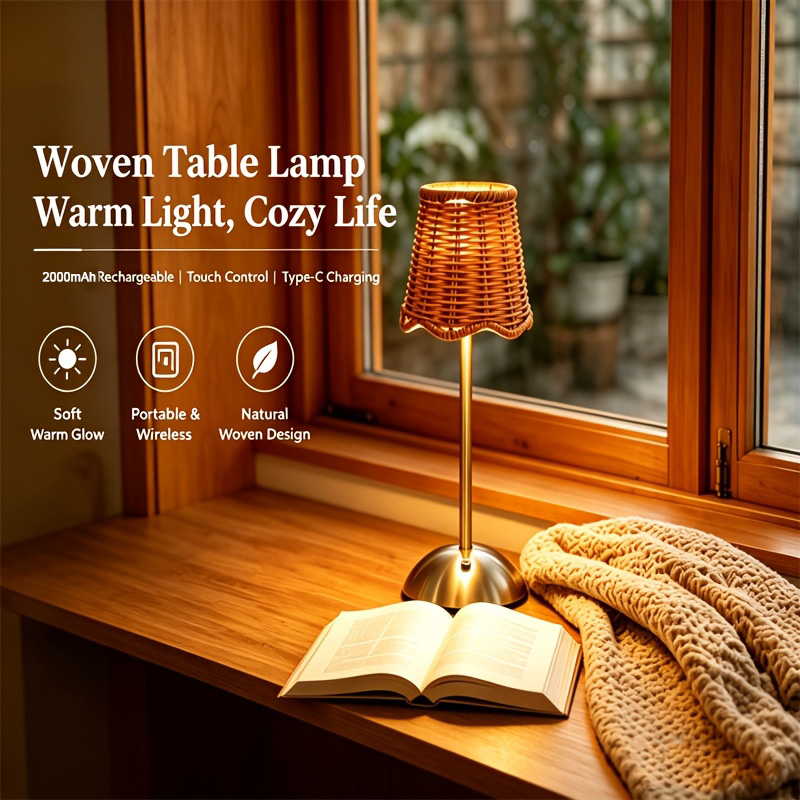 Touch Dimmer Lamp - Lampu Meja Seni Anyaman Rotan Bohemian,